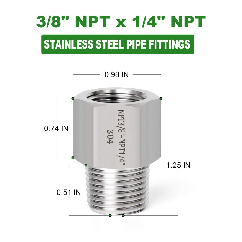 TAISHER 2PCS Forging of 304 Stainless Steel Fitting, Reducer Adapter, 1/4-Inch Male Pipe x 3/8-Inch Female Pipe - Image 4